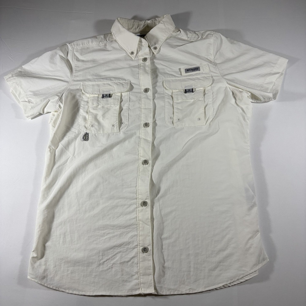 Columbia Bahama White Fishing Shirt PFG Short Sleeve Button Up Medium